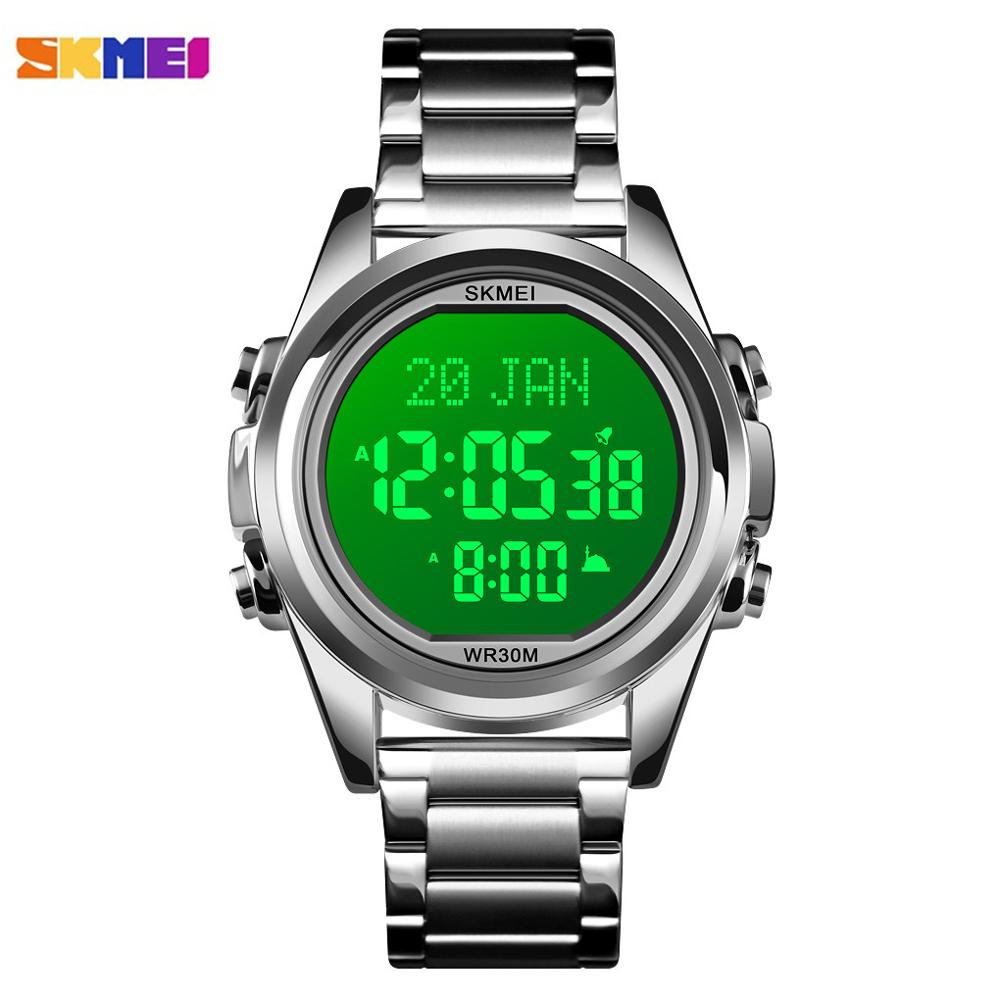 SKMEI 1667 Muslim Azan Clock Watch for Prayer with Qibla Compass Adhan Alarm Hijri Calendar Islamic Al Harameen Fajr Time Wristwatch