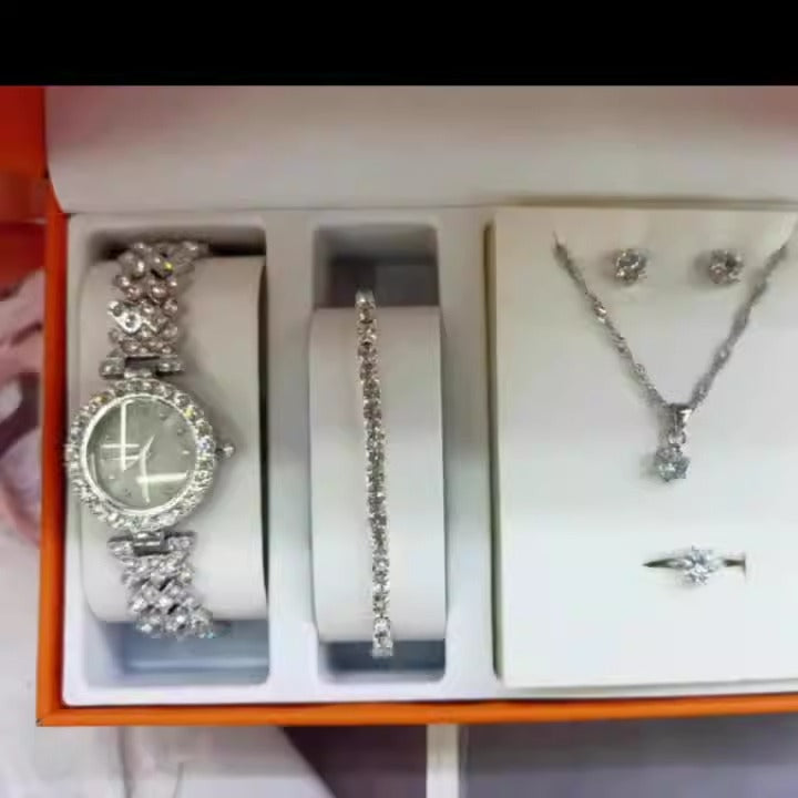 5pcs set fashionable diamond inlaid women's watch bracelet necklace ring earrings 5-piece gift box watch set