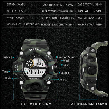 Watches Men Digital Watch White SMAEL 1385C Sport Watch 50M Waterproof Auto Date relogio masculino Digital Military Watches Mens Sport