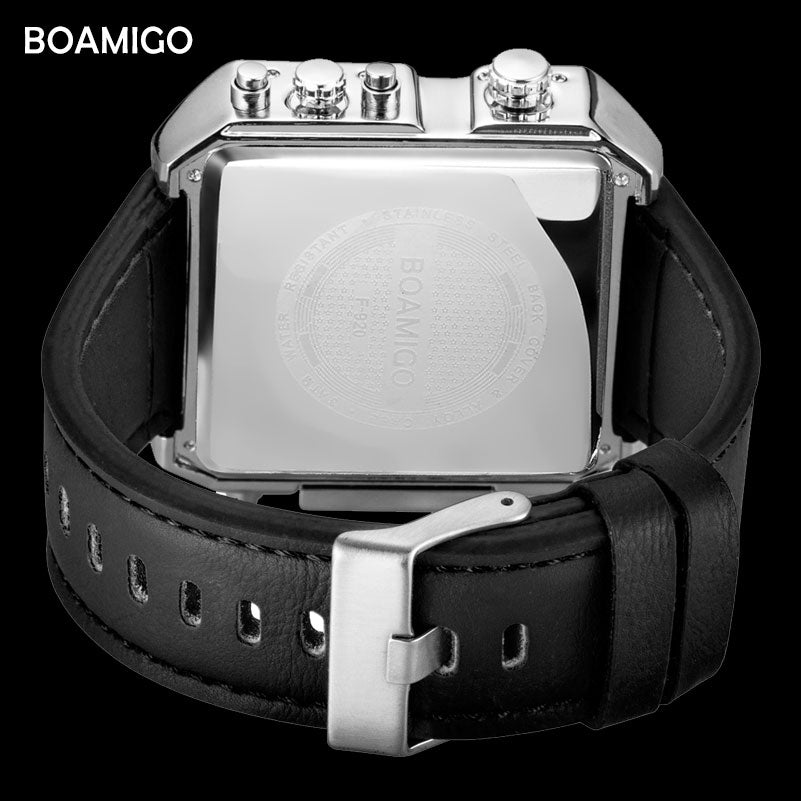 BOAMIGO Brand Men Sports Watches 3 Time Zone Big Man Fashion Military LED Watch Leather Quartz Wristwatches Relogio Masculino