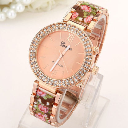 Top Big Crystal Flowers Women Watch Rhinestone Geneva Style Wristwatch Plastic Metal Printed Band Analog Vintage