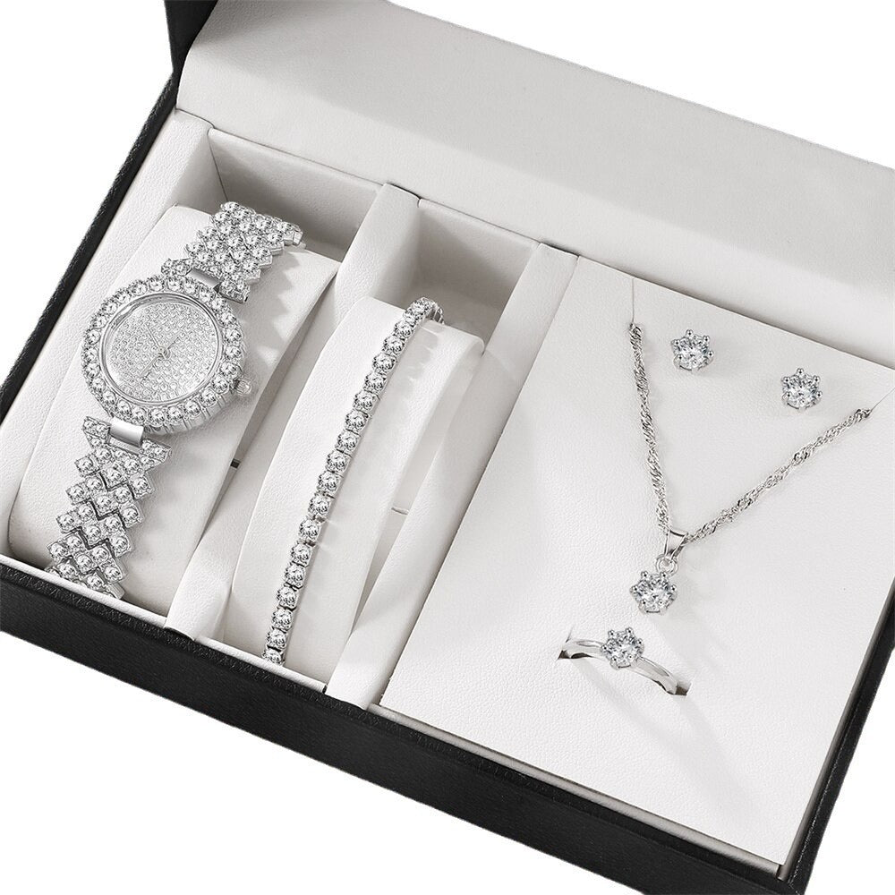 5pcs set fashionable diamond inlaid women's watch bracelet necklace ring earrings 5-piece gift box watch set
