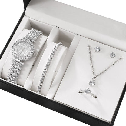 5pcs set fashionable diamond inlaid women's watch bracelet necklace ring earrings 5-piece gift box watch set