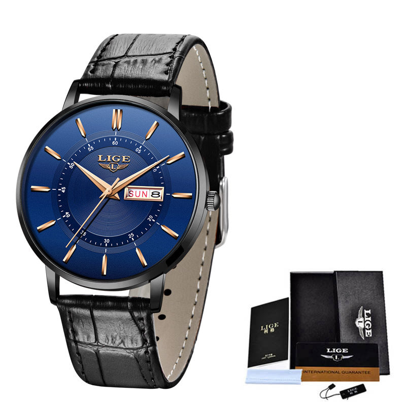 LIGE Liger Quartz Men's Watch Dual Calendar Movement Waterproof Watch Belt Watch