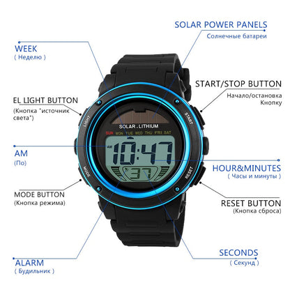 SKMEI 1096 Outdoor Sport Watch Men Solar PU Strap Wristwatches Mens Chronograph Alarm 5Bar Waterproof Digital Watch reloj hombre