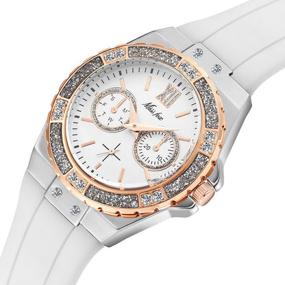 MISSFOX  2593 Women's Watches Chronograph Rose Gold Sport Watch Ladies Diamond Blue Rubber Band Xfcs Analog Female Quartz Wristwatch