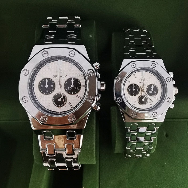 New Fashion Men's and Women's Steel Band Quartz Watch Classic Casual Three Eye Calendar Waterproof Couple Watch in Europe and America