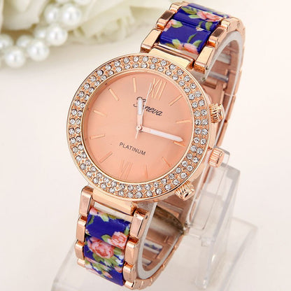 Top Big Crystal Flowers Women Watch Rhinestone Geneva Style Wristwatch Plastic Metal Printed Band Analog Vintage