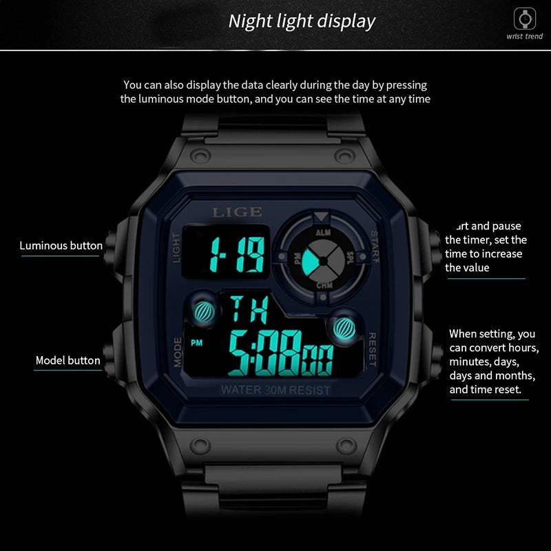 Lige Electronic Watch Unisex Watch Luminous Display Watch Multi-Function Chronograph Alarm Clock