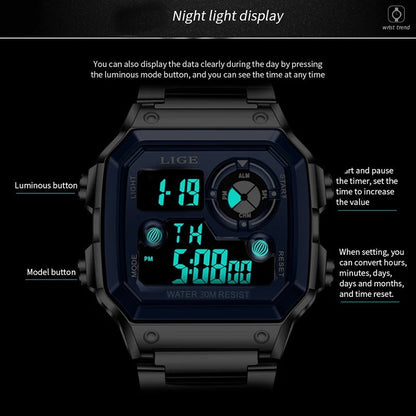 Lige Electronic Watch Unisex Watch Luminous Display Watch Multi-Function Chronograph Alarm Clock