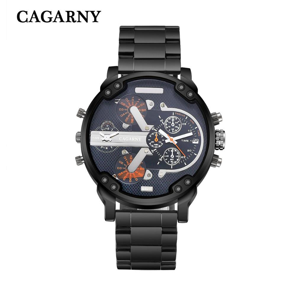 Cagarny Men Quartz Watch Casual Stainless Steel Watchband Dual Time Zones Wristwatches