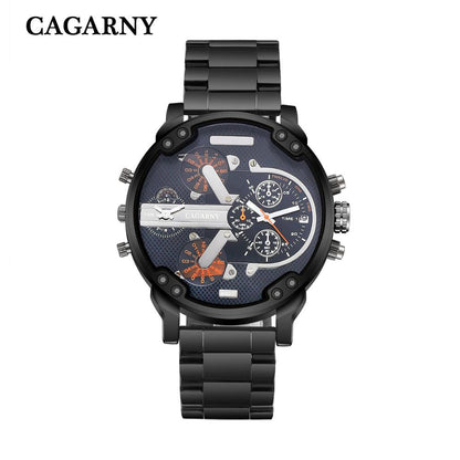 Cagarny Men Quartz Watch Casual Stainless Steel Watchband Dual Time Zones Wristwatches