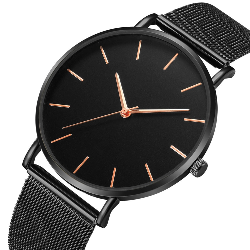 Montre Femme Modern Fashion Black Quartz Watch Women Mesh Stainless Steel Bracelet High Quality Casual Wrist Watch
