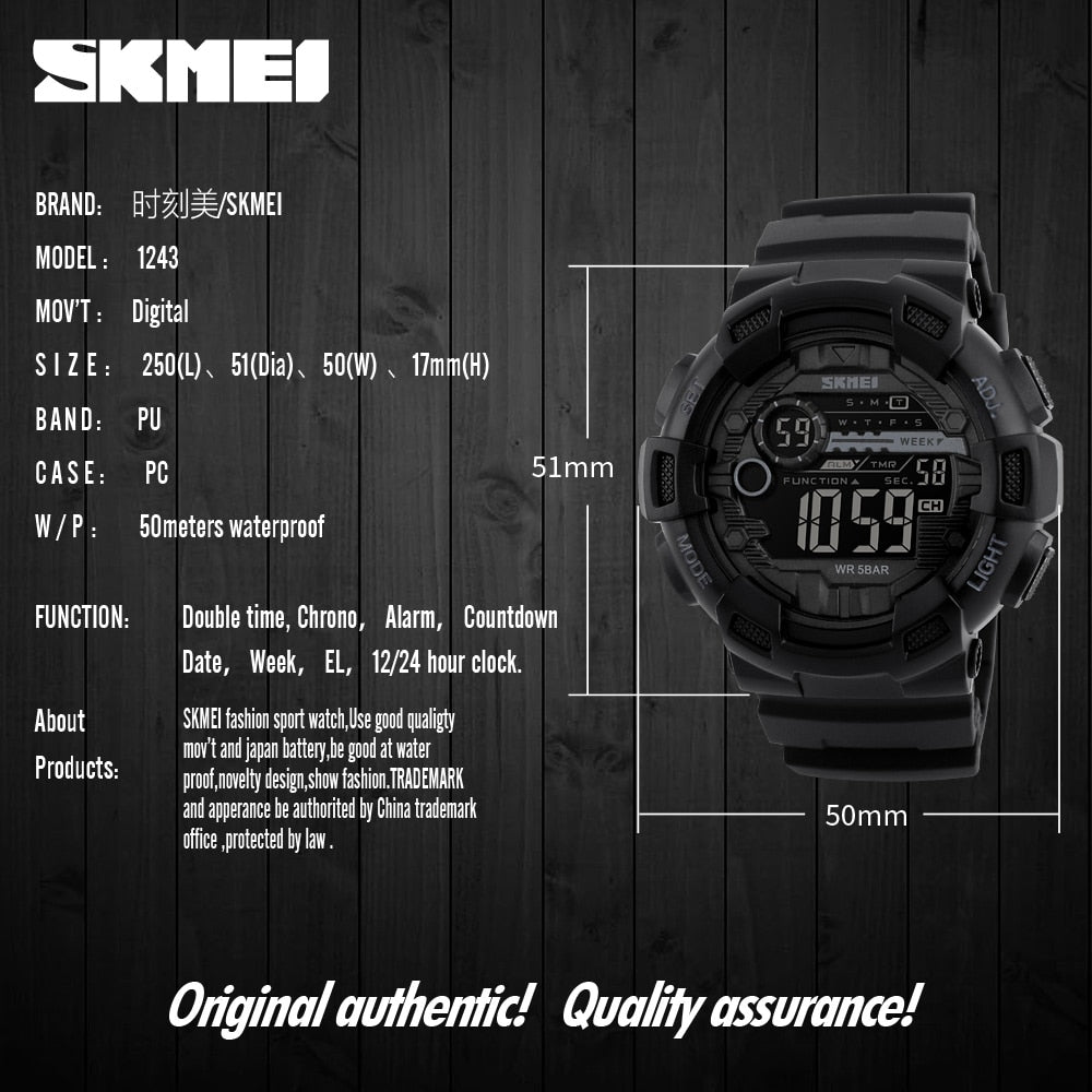 SKMEI  1243 Outdoor Sport Watch Men Multifunction 5Bar Waterproof PU Strap LED Display Watches Chrono Digital Watch reloj hombre
