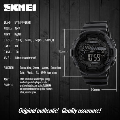 SKMEI  1243 Outdoor Sport Watch Men Multifunction 5Bar Waterproof PU Strap LED Display Watches Chrono Digital Watch reloj hombre