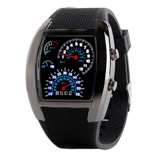 Men LED Light Speedometer with Calendar Sports Fan Dashboard Car Dial Meter Watch