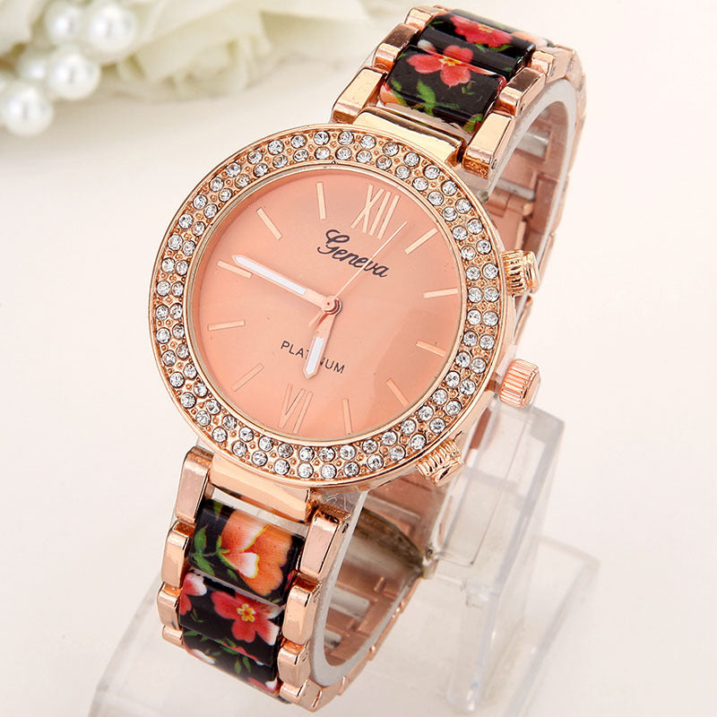Top Big Crystal Flowers Women Watch Rhinestone Geneva Style Wristwatch Plastic Metal Printed Band Analog Vintage