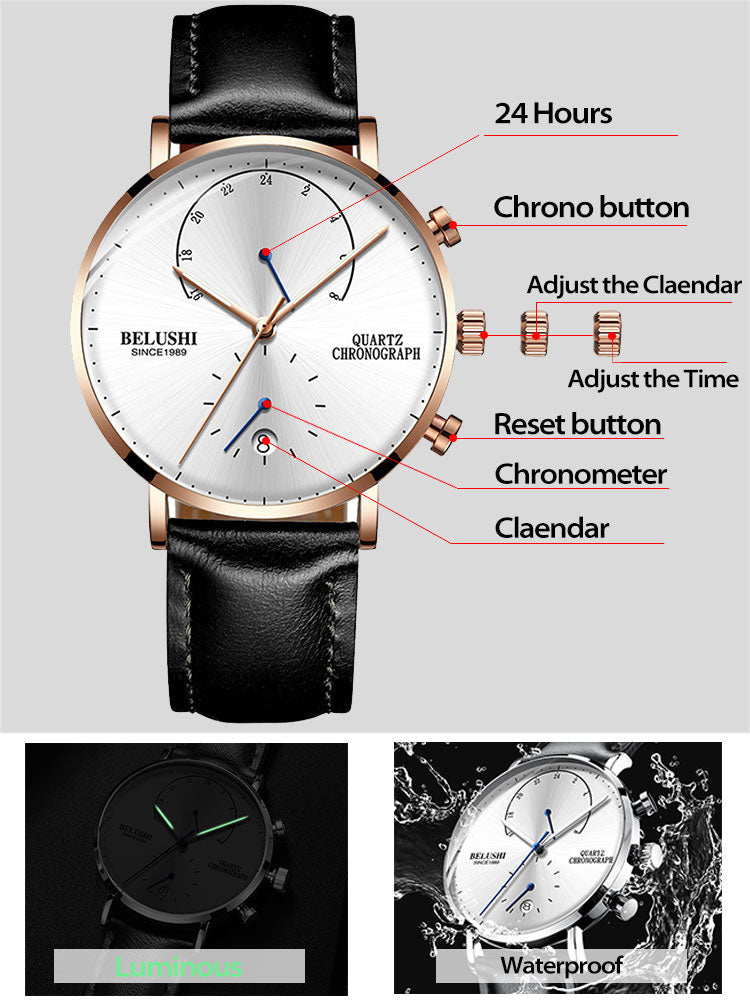 Quartz Watch Men Watches Modern Chronograph Men Watch Leather Strap Watches Man Imitation Luxury Belushi 537 Men'S Sports Watch
