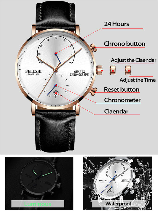 Quartz Watch Men Watches Modern Chronograph Men Watch Leather Strap Watches Man Imitation Luxury Belushi 537 Men'S Sports Watch