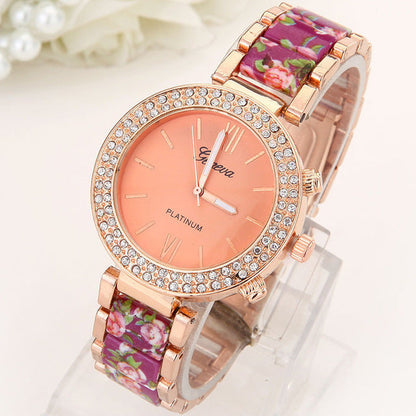 Top Big Crystal Flowers Women Watch Rhinestone Geneva Style Wristwatch Plastic Metal Printed Band Analog Vintage