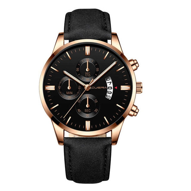 CUENA Fashion Men's Stainless Steel Watch Leather Band Analog Quartz Wrist Watch