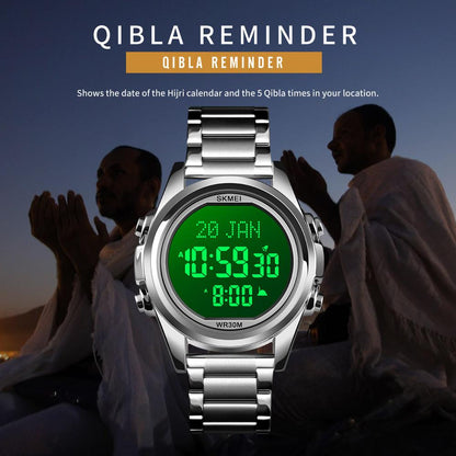 SKMEI  1667 Muslim Azan Clock Watch for Prayer with Qibla Compass Adhan Alarm Hijri Calendar Islamic Al Harameen Fajr Time Wristwatch