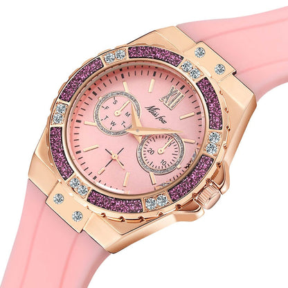 MISSFOX  2593 Women's Watches Chronograph Rose Gold Sport Watch Ladies Diamond Blue Rubber Band Xfcs Analog Female Quartz Wristwatch