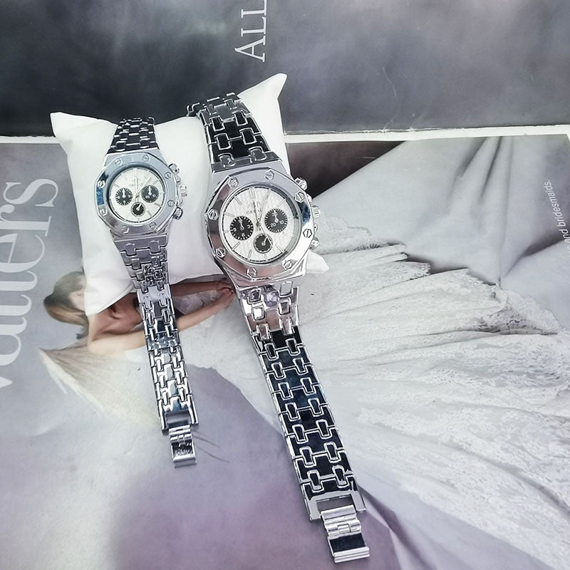 New Fashion Men's and Women's Steel Band Quartz Watch Classic Casual Three Eye Calendar Waterproof Couple Watch in Europe and America