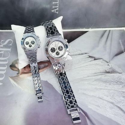 New Fashion Men's and Women's Steel Band Quartz Watch Classic Casual Three Eye Calendar Waterproof Couple Watch in Europe and America