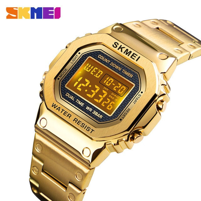 Skmei 1456 Men Digital Watch Stainless Steel Chronograph Countdown Wristwatch Shock LED Sprot Watch skmei montre homm