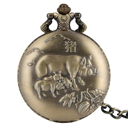 Unique Bronze Chinese Zodiac Quartz Pocket Watches Necklace Chain Pendant Fob Watch Steampunk Clock Gift For Birthday Christmas