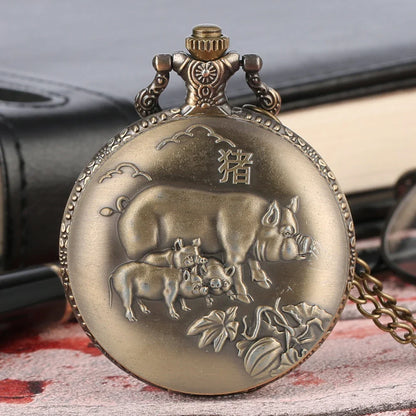 Unique Bronze Chinese Zodiac Quartz Pocket Watches Necklace Chain Pendant Fob Watch Steampunk Clock Gift For Birthday Christmas