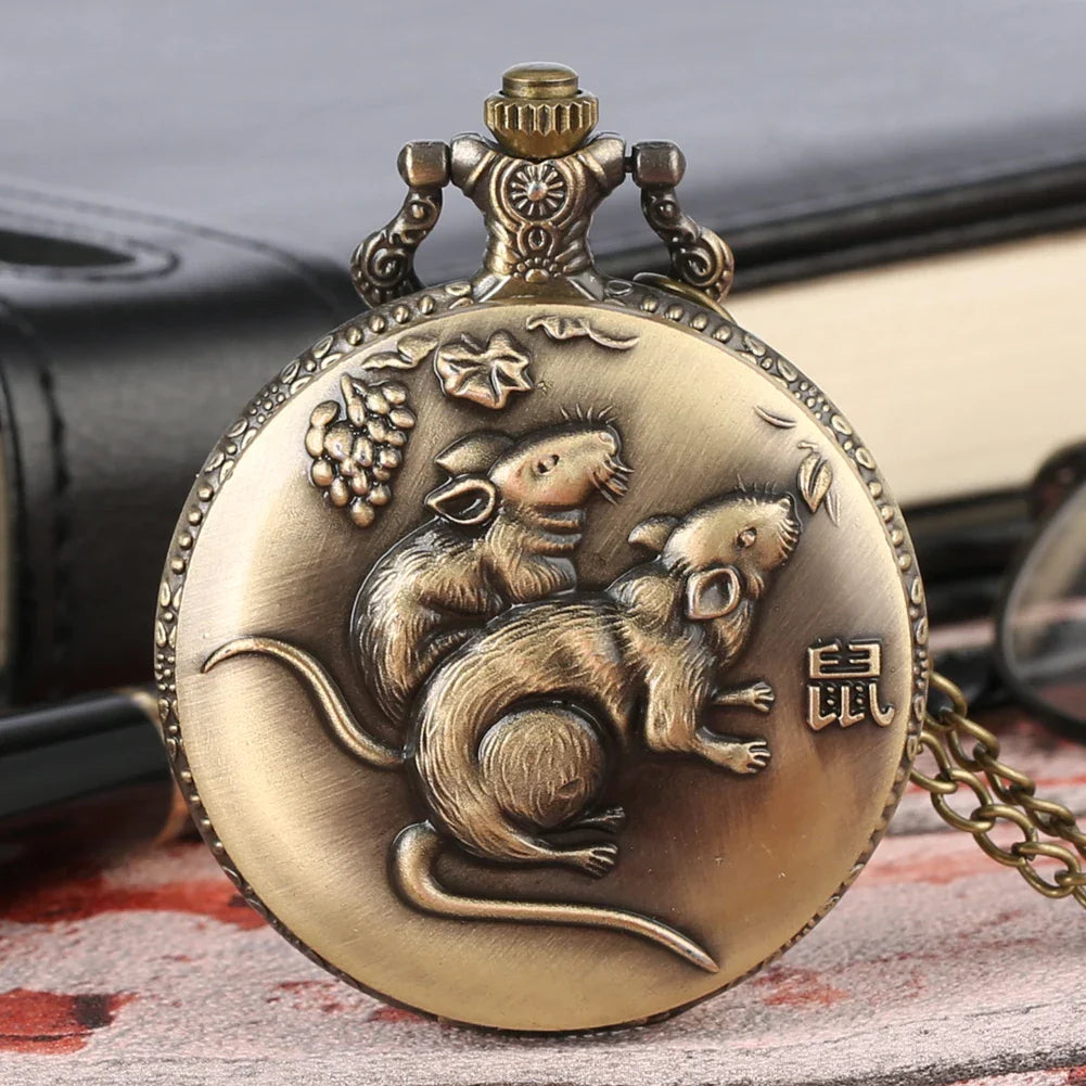 Unique Bronze Chinese Zodiac Quartz Pocket Watches Necklace Chain Pendant Fob Watch Steampunk Clock Gift For Birthday Christmas