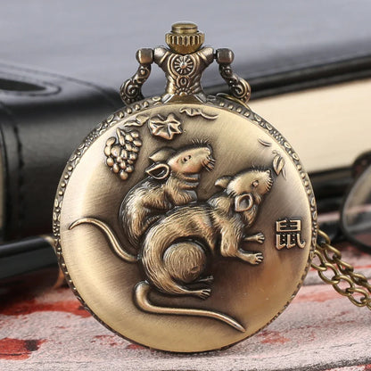 Unique Bronze Chinese Zodiac Quartz Pocket Watches Necklace Chain Pendant Fob Watch Steampunk Clock Gift For Birthday Christmas